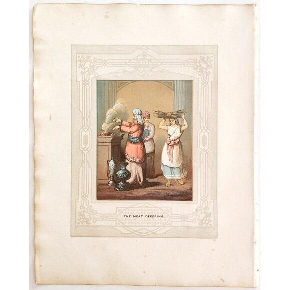 1853 Meat Offering Rare Colored Engraving Victorian Bible Art Antique DWNN23 - Picture 2 of 4